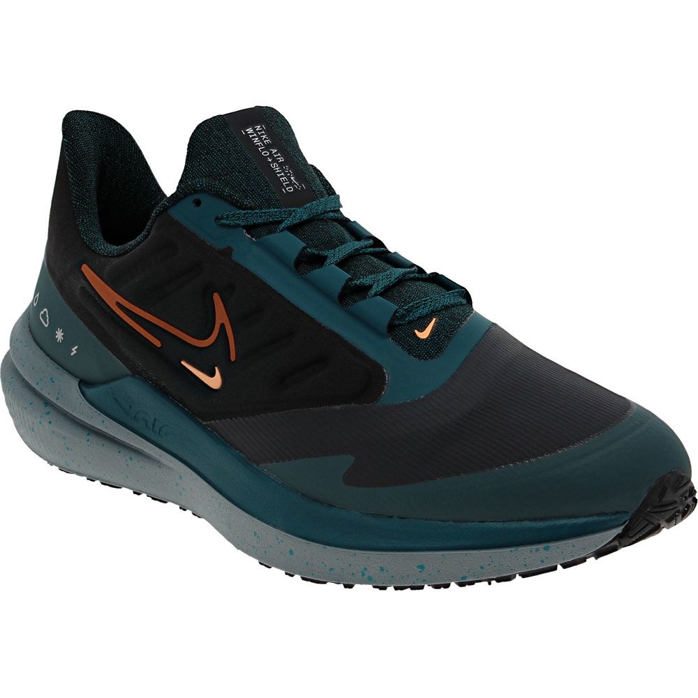 Nike Winflo 9 Shield Running Shoes - Mens Black Safety Orange Geode Teal