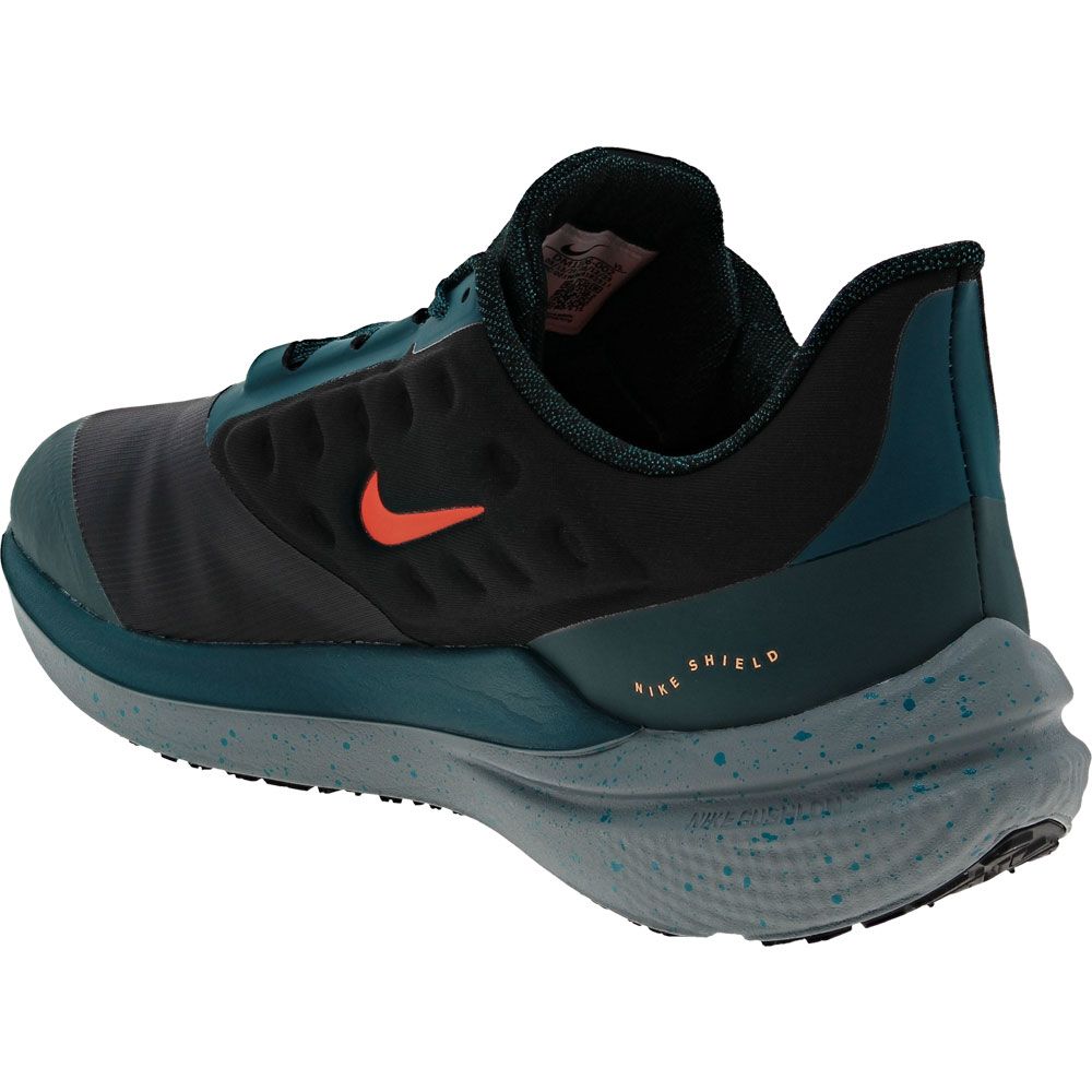 Nike Winflo 9 Shield Running Shoes - Mens Black Safety Orange Geode Teal Back View