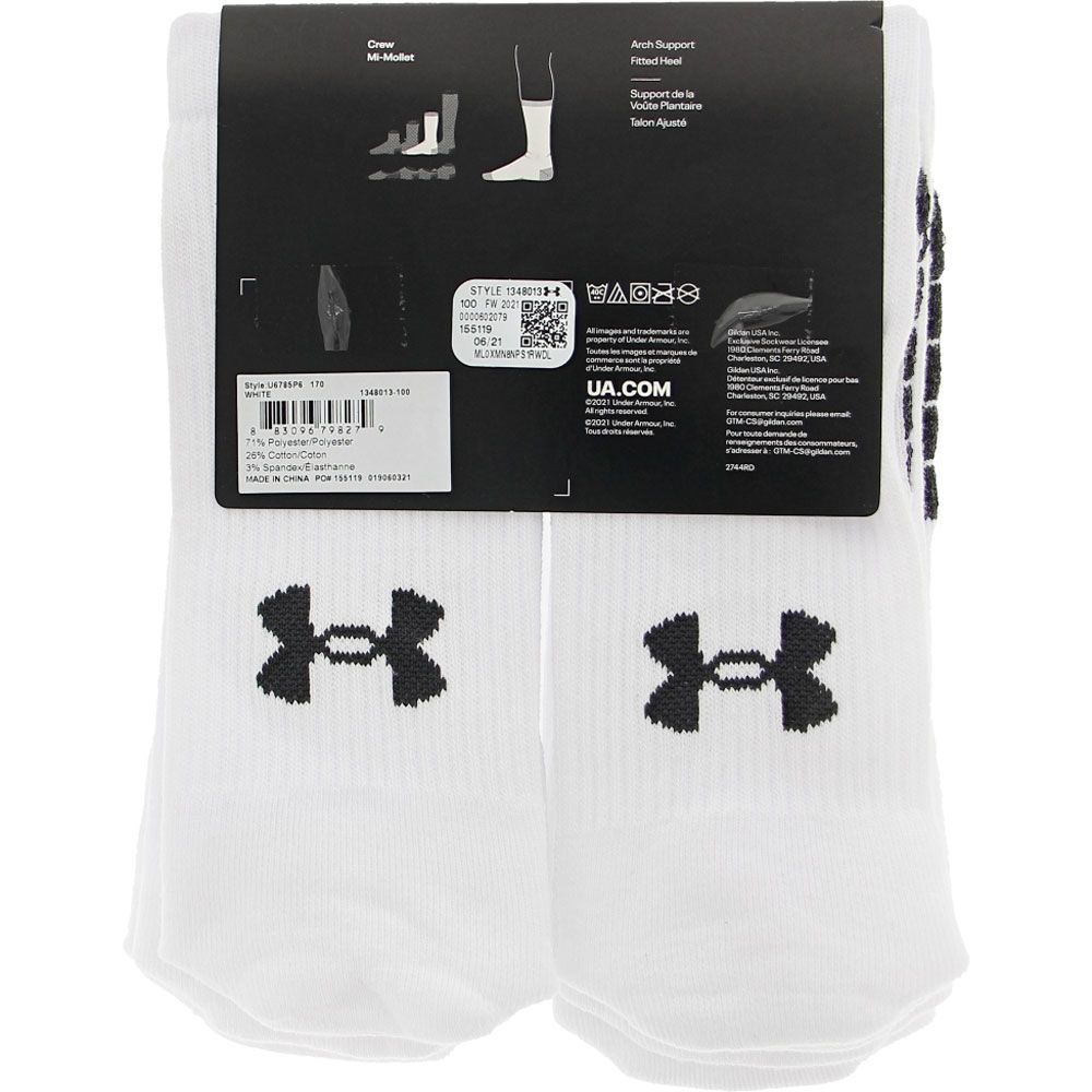 Under Armour Performance Tech Crew 6pk Socks White View 3