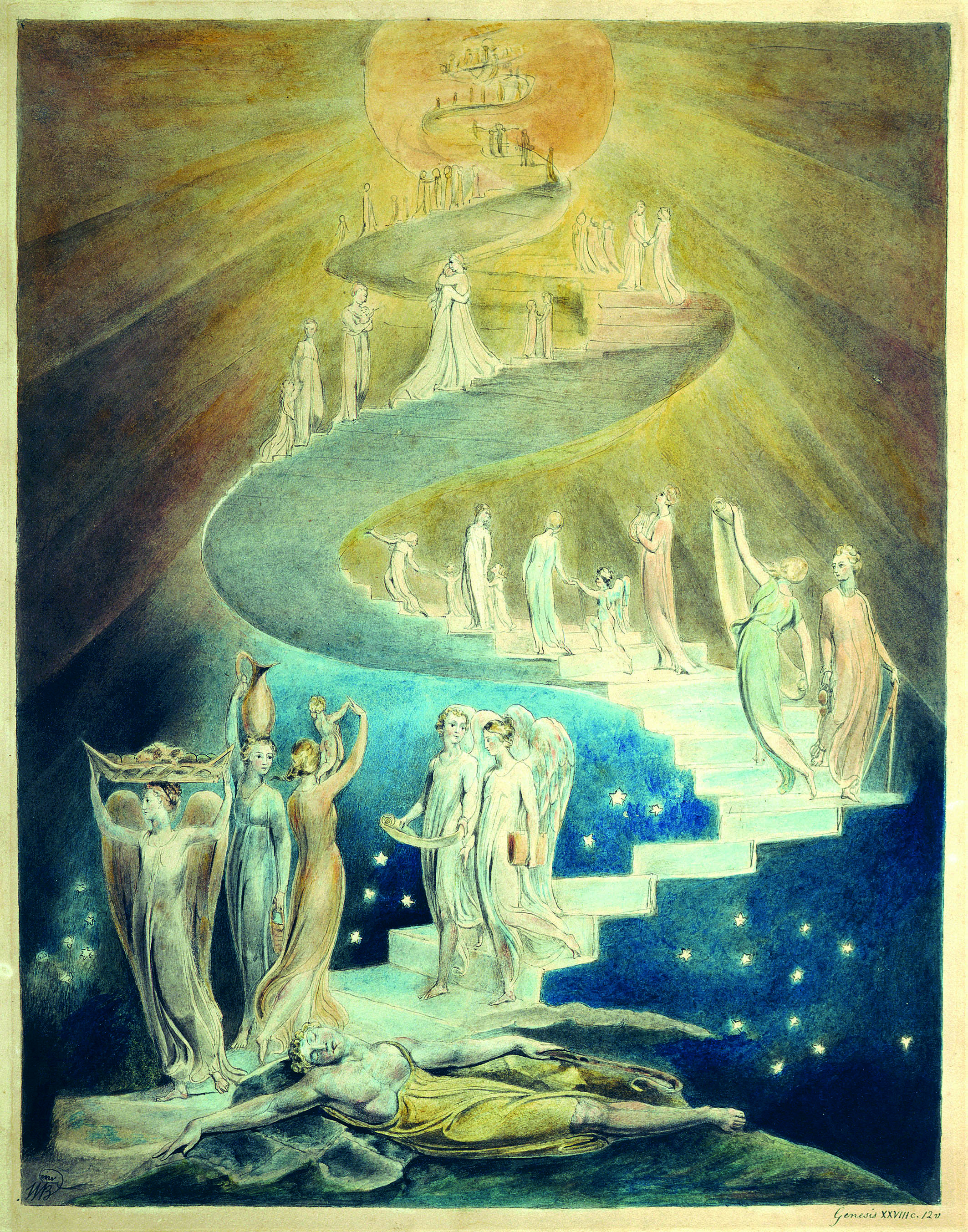 Blake's portrayal of Jacob's Ladder', the dream that the biblical patriarch Jacob envisions during his flight from his brother Esau, as described in the book Genesis 28: 11-19