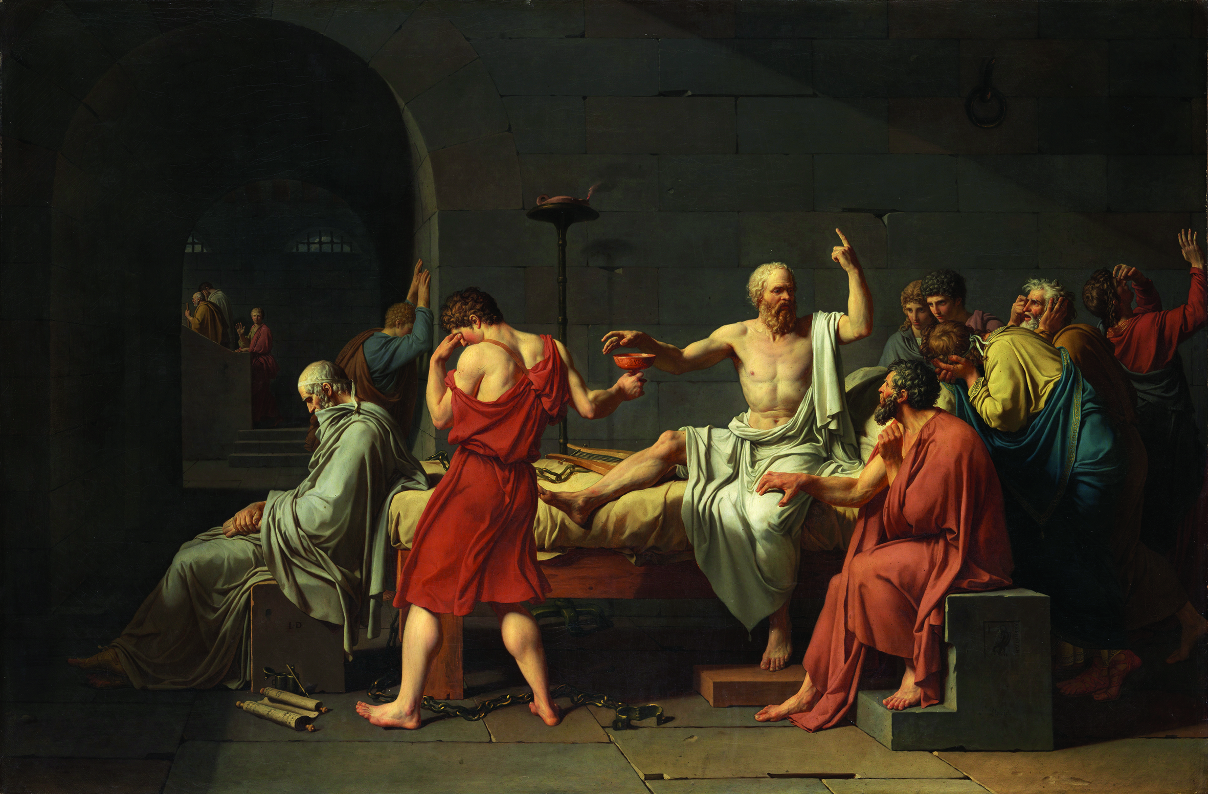 The Death of Socrates by Jacques-Louis David (1787). Socrates was visited by friends in his last night at prison.