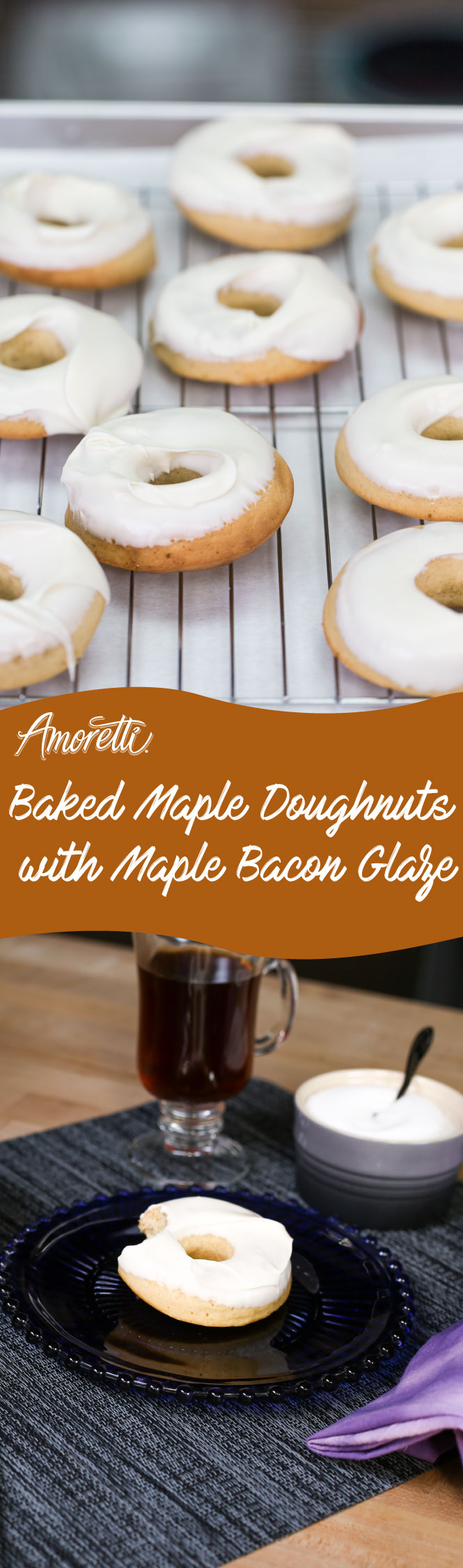 Amoretti Baked Maple Doughnuts with Maple Bacon Glaze: This amazing donut recipe has a sweet and tender fluffy texture with amazing maple bacon flavor!