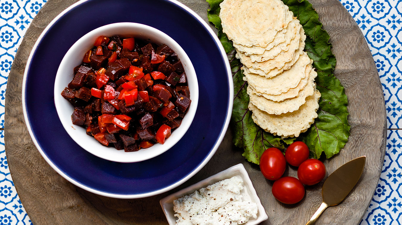 Amoretti Beet Bruschetta with crackers and goat cheese