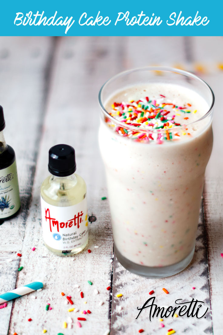 Amoretti Recipe: Birthday Cake Protein Shake. Turn any day in to a celebration with a fun Birthday Cake Protein Shake!