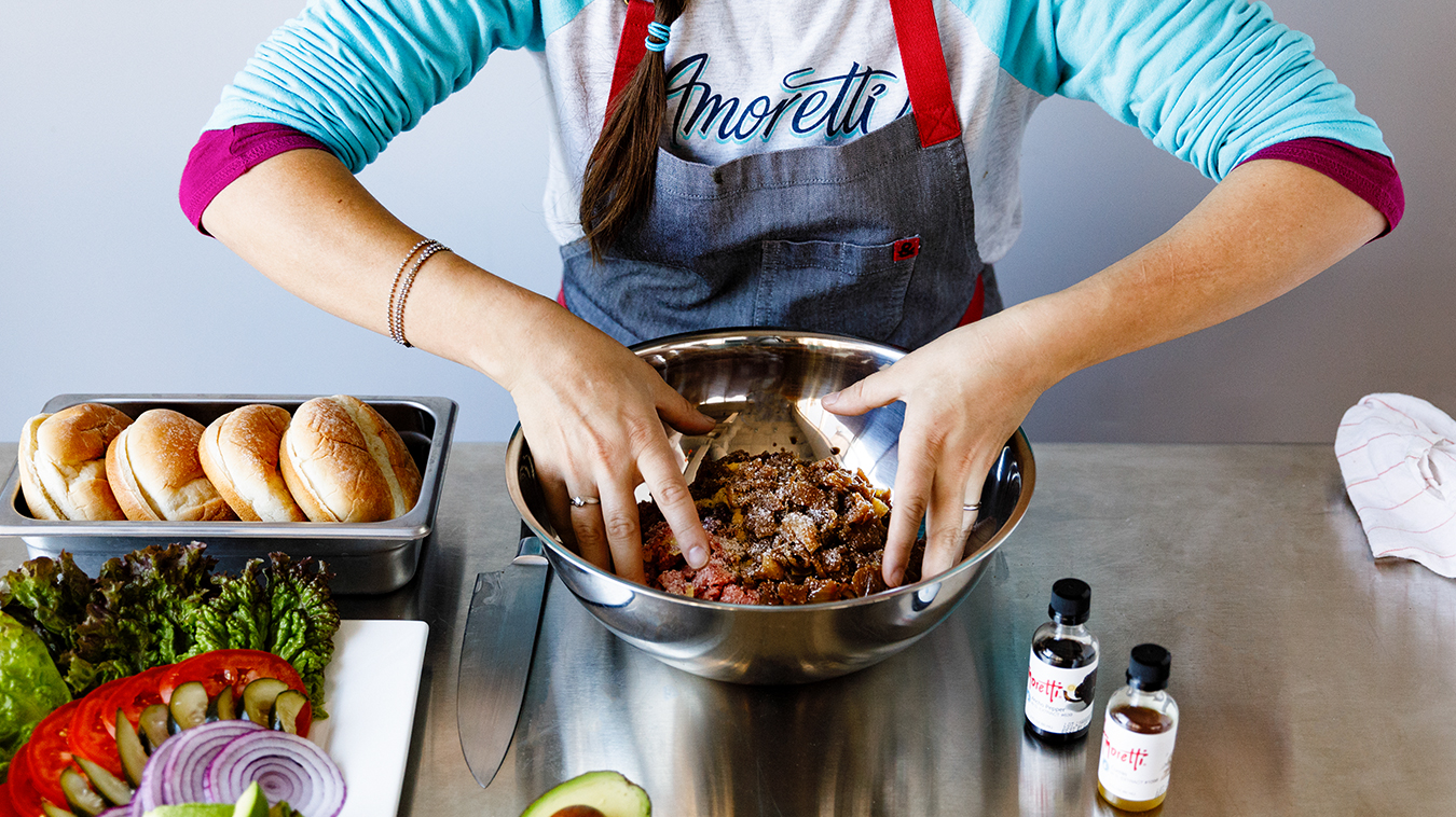 Amoretti Recipe: Spicy Bacon Burger. Mix by hand for the best texture.