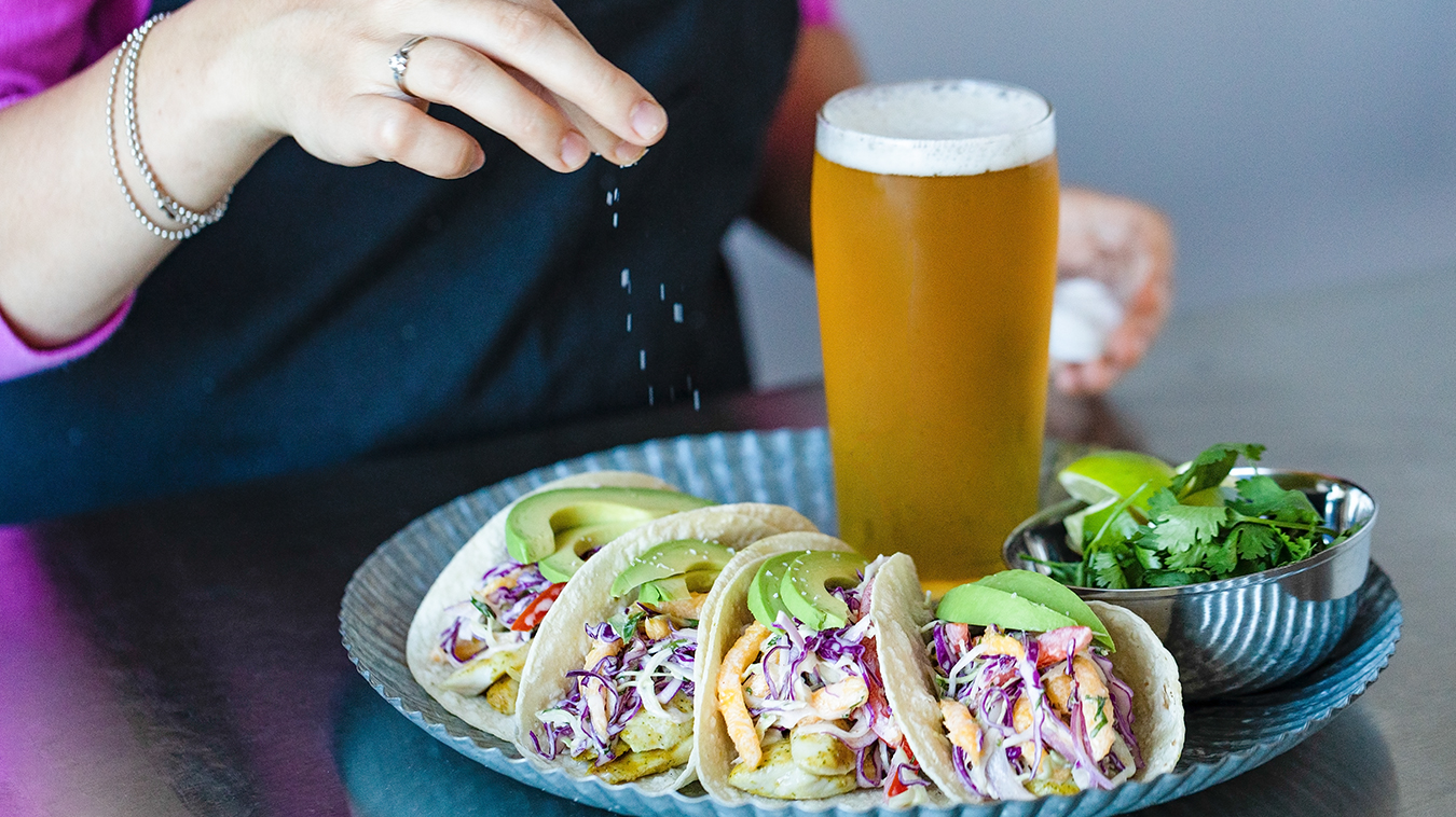 Amoretti Recipe: Fish Tacos with Mango Slaw and Chipotle Lime Aioli. Finishing touches.