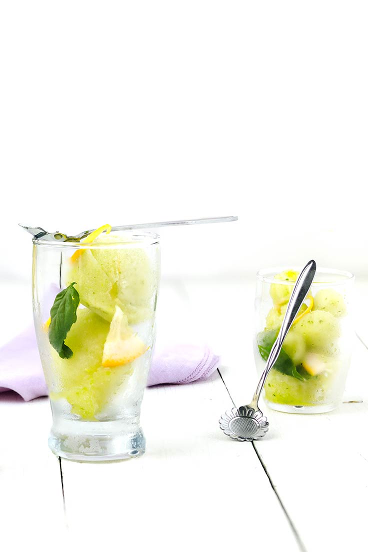 Amoretti Lemon Basil Sorbet Recipe: Garnish with fresh basil and lemon zest!