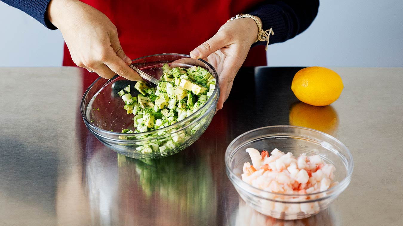 Amoretti Recipe: Drunken Shrimp Cocktail with Bloody Mary Cocktail Sauce. Stir together avocado, cucumber, and herbs first.