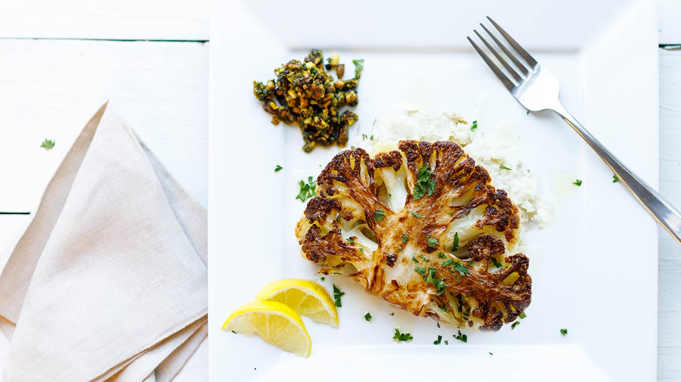 Amoretti Cauliflower Steaks with Pistachio Caper Salsa Recipe: Simply delicious!