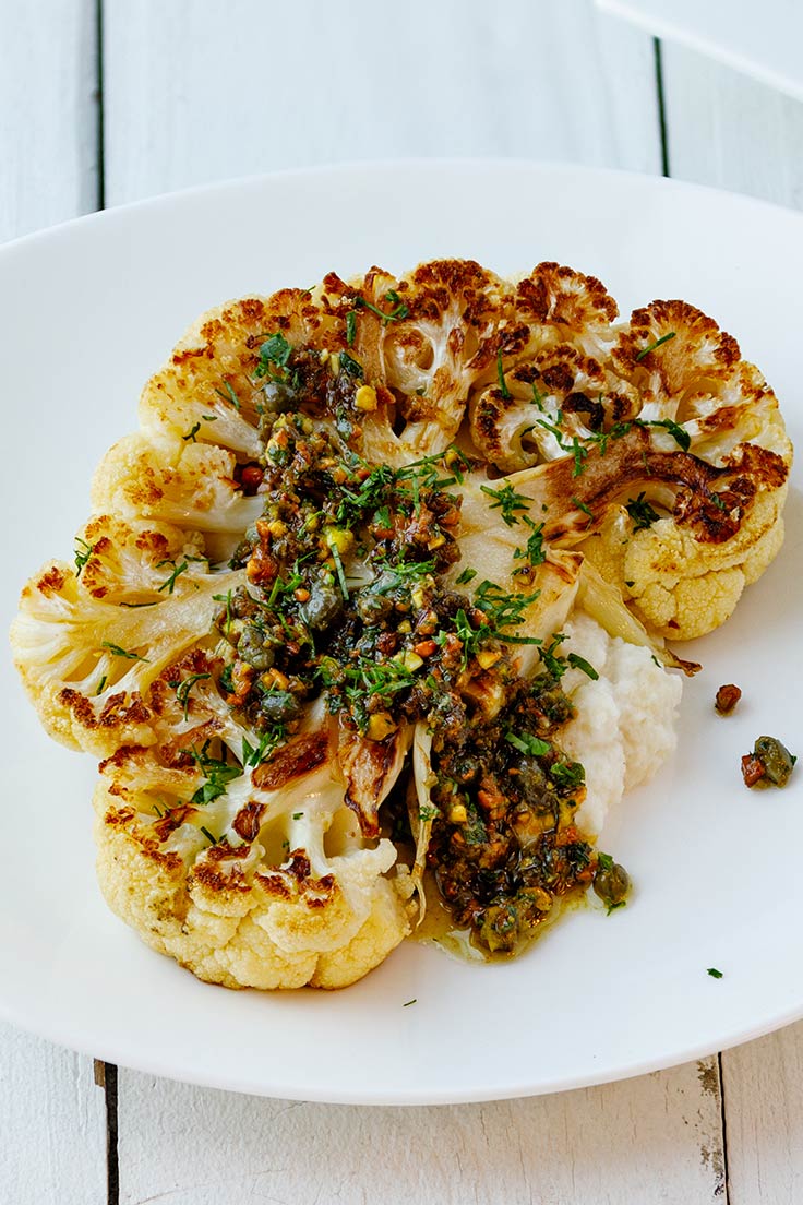 Amoretti Cauliflower Steaks with Pistachio Caper Salsa Recipe: Perfect for fall!