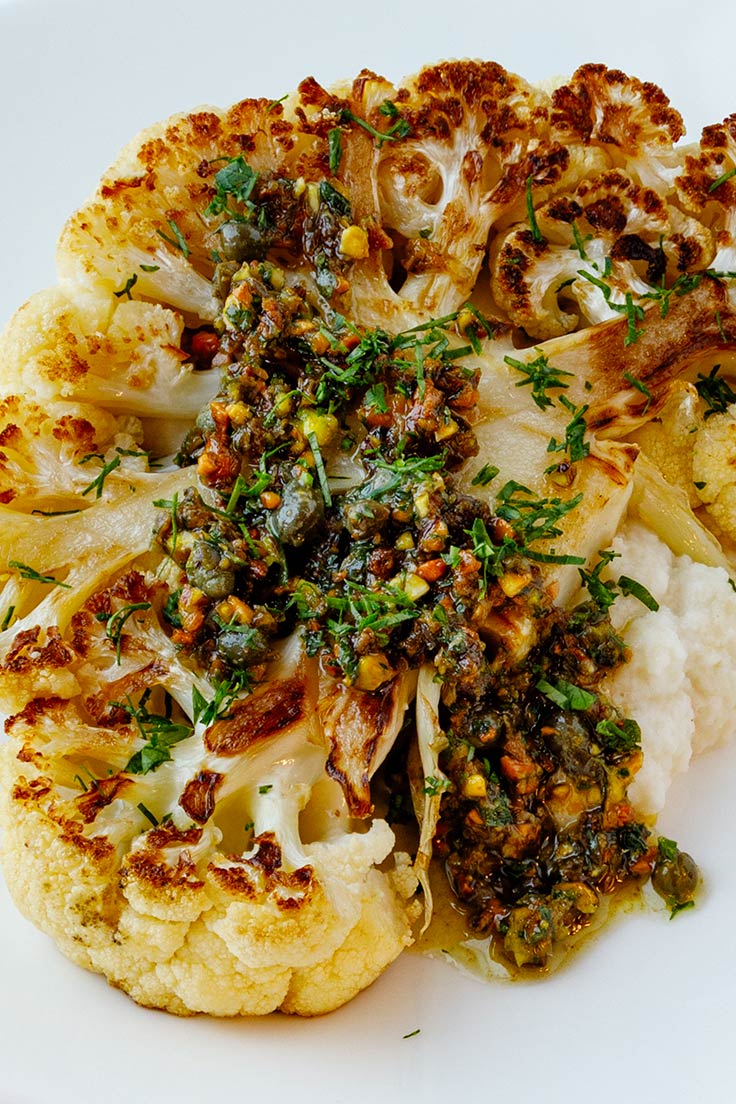 Amoretti Cauliflower Steaks with Pistachio Caper Salsa Recipe: Try it tonight!