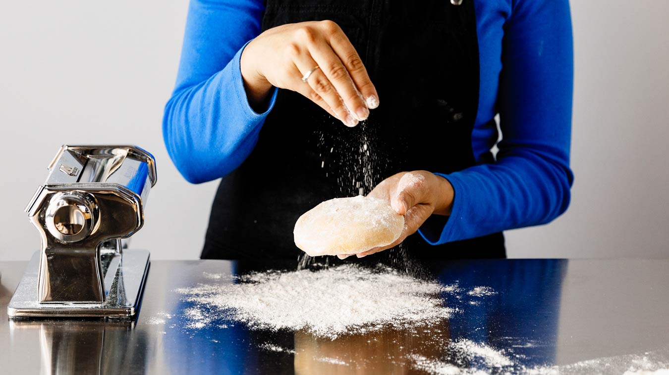 Amoretti Recipe: Homemade Pasta. Sprinkle with flour before rolling.