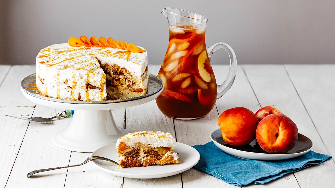 Amoretti Recipe: Spiced Peach Ice Box Cake with tea and peaches