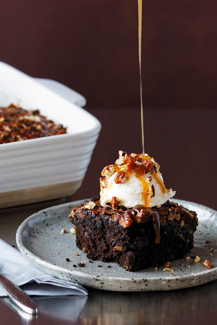 Amoretti Recipe: Pecan Pie Brownies, caramel drizzle