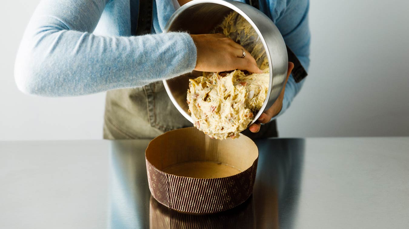 Amoretti Recipe: Savory Panettone. Put dough in panettone mold.