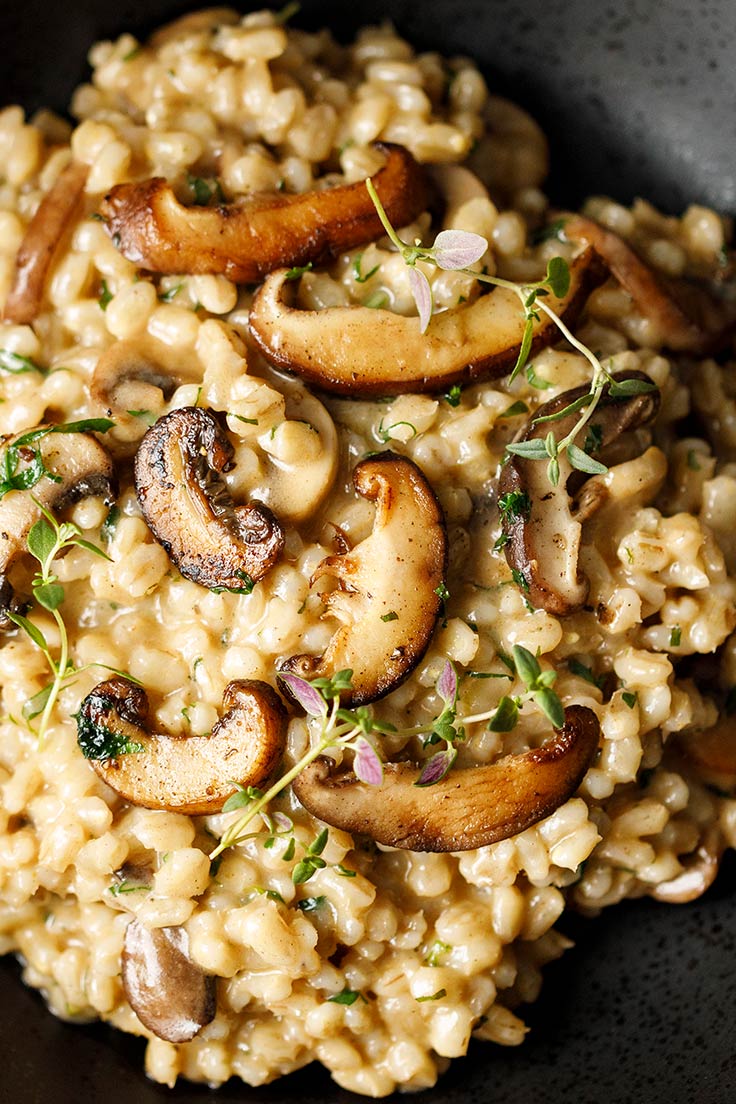 closeup of Amoretti Barley Risotto with Mushrooms and Parmesan Recipe