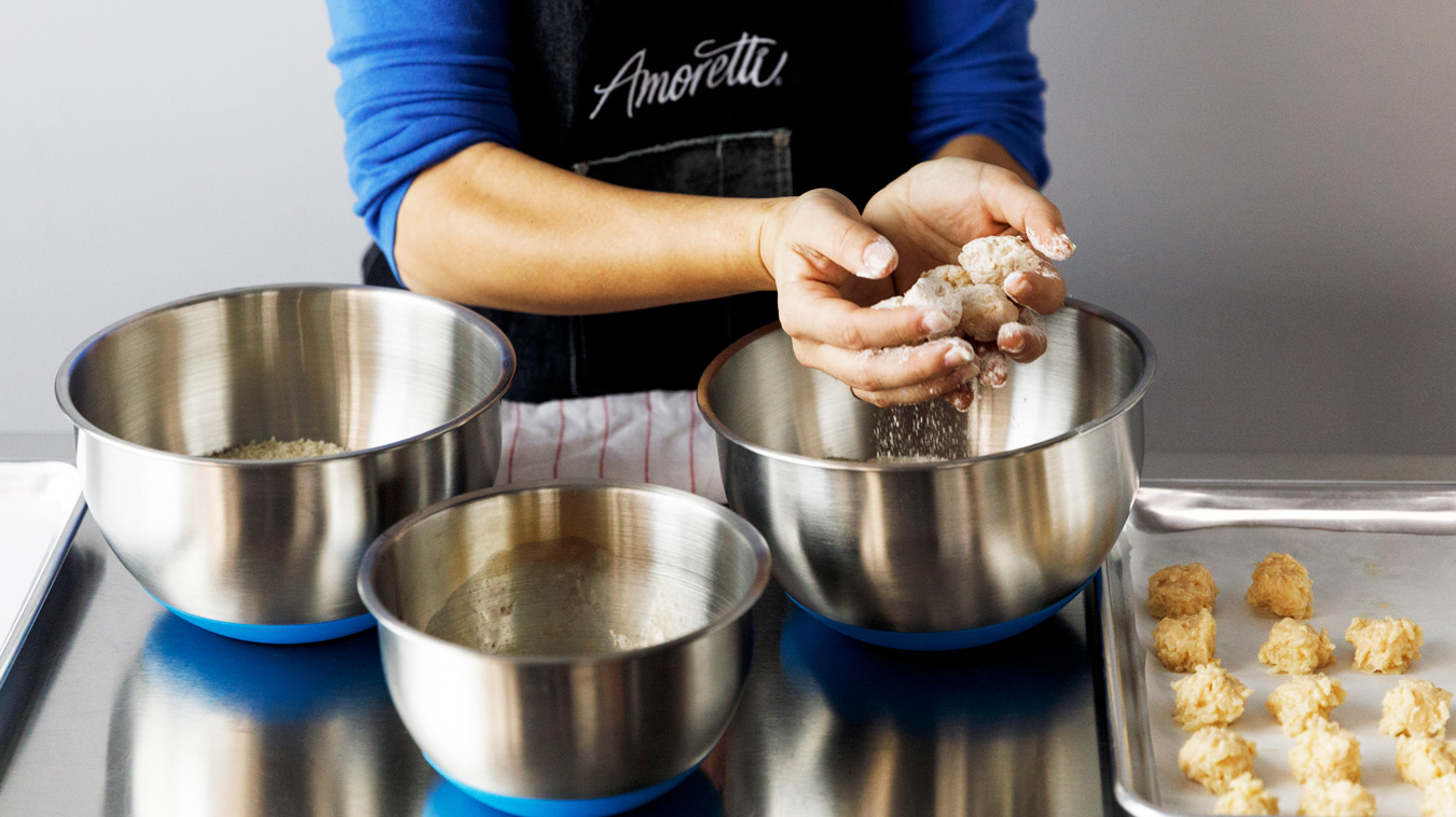 Amoretti Recipe: Horchata Arancini with Mexican Coffee Dipping Sauce. Toss in flour.