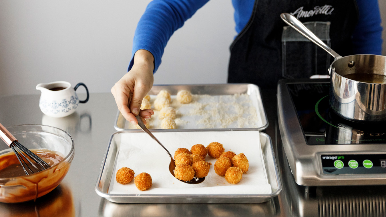 Amoretti Recipe: Horchata Arancini with Mexican Coffee Dipping Sauce. Fried arancini.