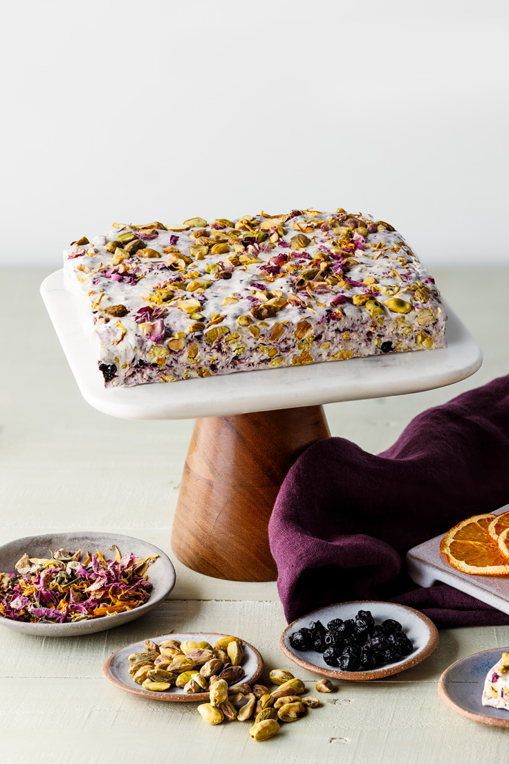 Amoretti Blueberry Pistachio Torrone with Rose Petals and Candied Orange Peel Recipe