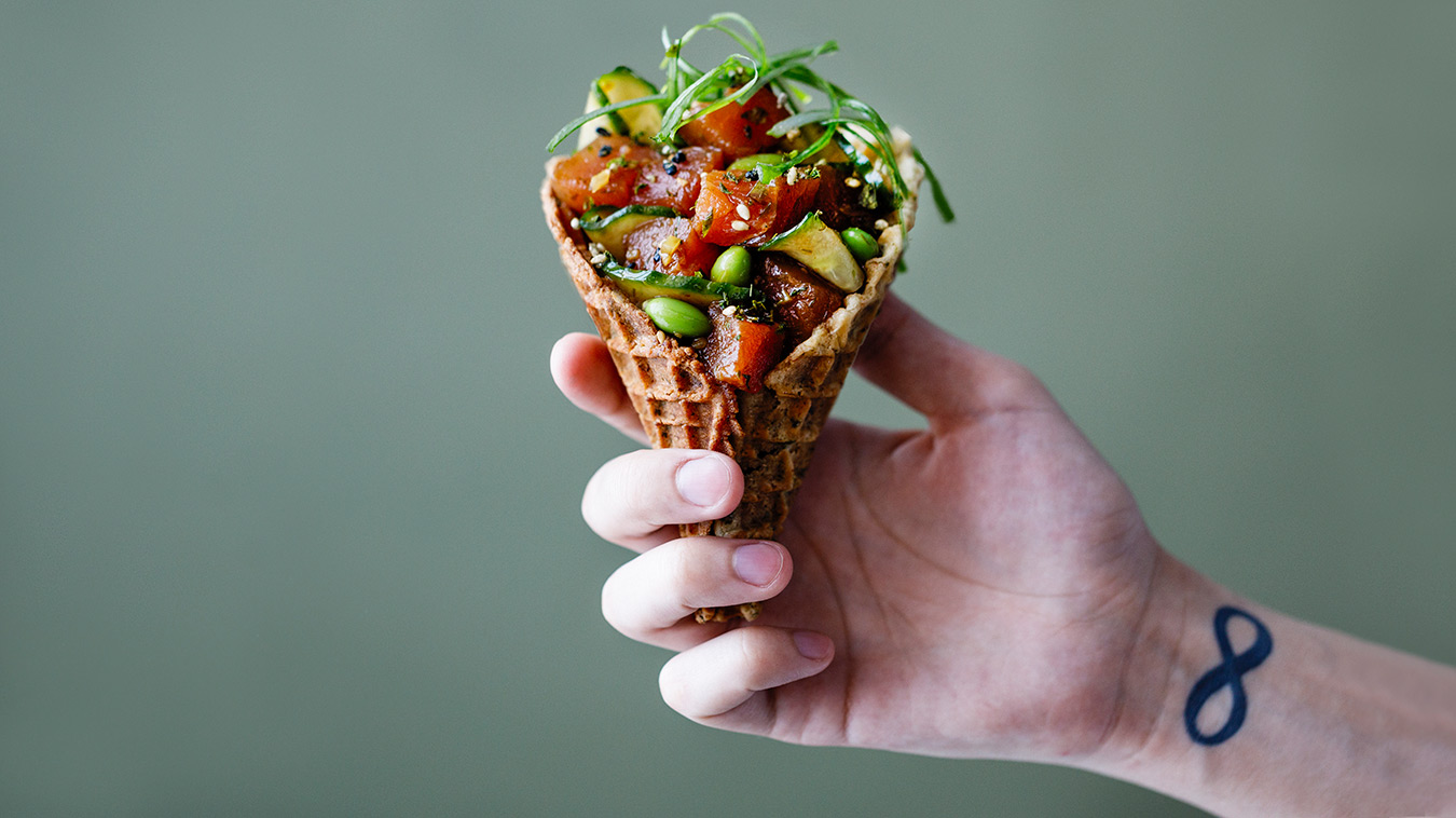 Amoretti Recipe: Tuna Poke with Ginger Soy Marinade in an ice cream cone