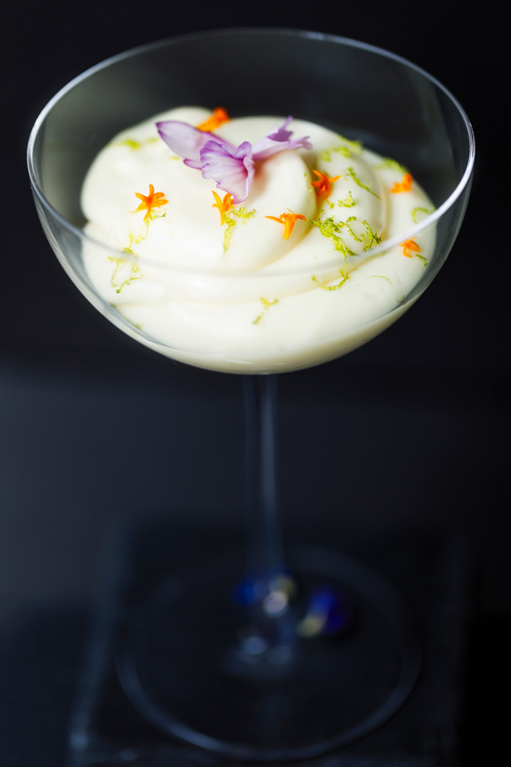 Amoretti Tropical Citrus Mousse Recipe decorated with edible flowers