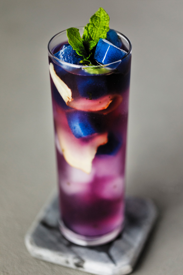 Amoretti White Peach Moscow Mule with Butterfly Pea Tea Ice Cubes Recipe from above