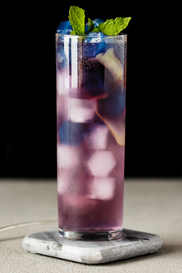 Amoretti White Peach Moscow Mule with Butterfly Pea Tea Ice Cubes Recipe