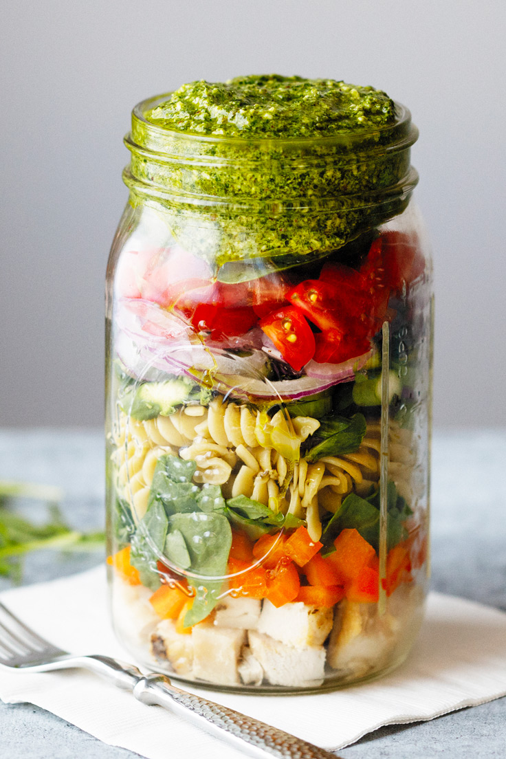 Amoretti Arugula Pecan Pesto Recipe with Pasta Salad in a jar