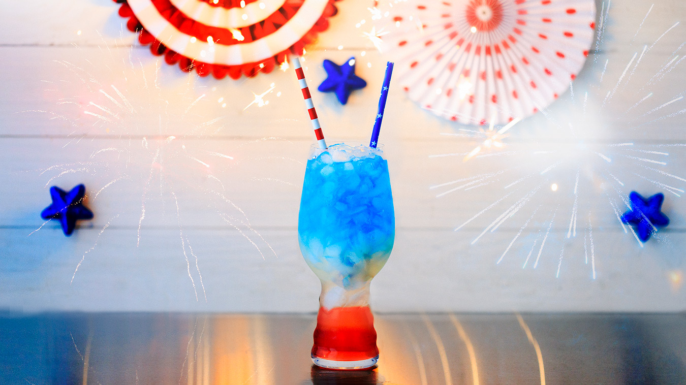 Amoretti Recipe: Liberty Lemonade with Blue Curacao Syrup and Cosmopolitan Martini Mix