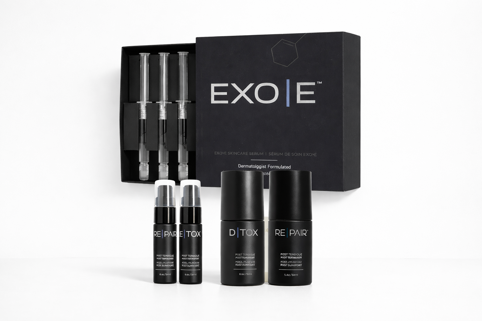 EXO|E skin revitalizing serum with D|TOX and RE|PAIR products