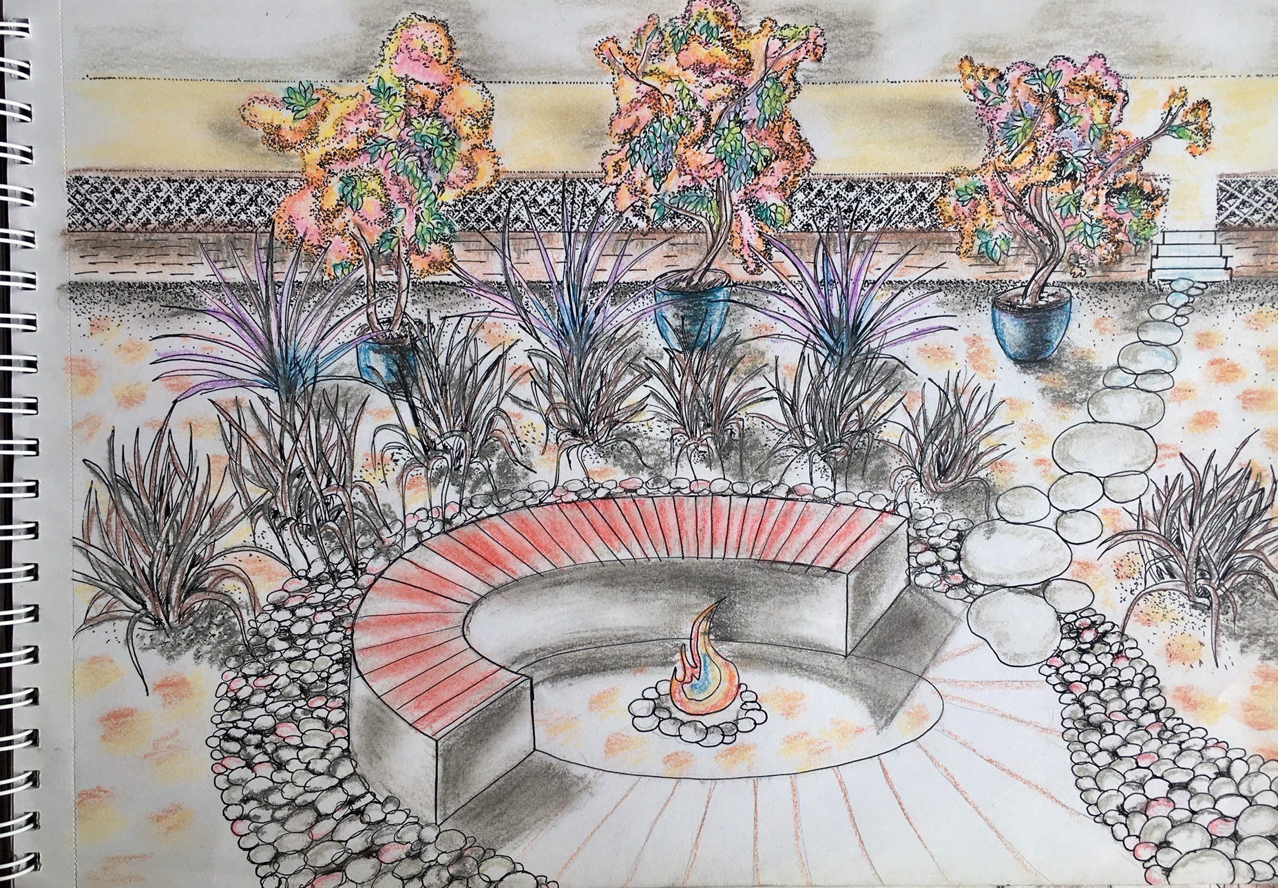 Sketch of the fire pit area with curved benches