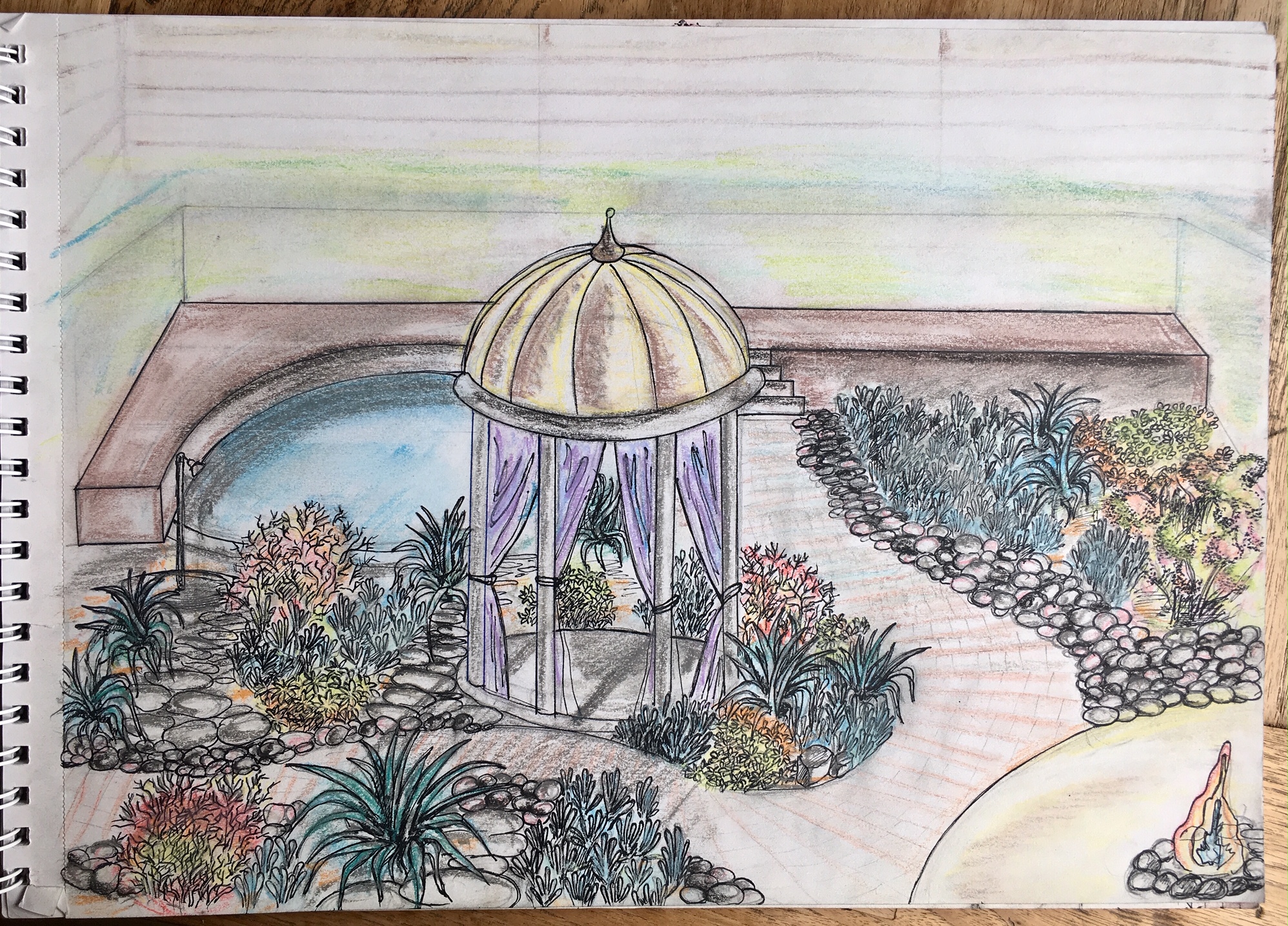Sketch showing the gazebo, desert planting and swimming pool