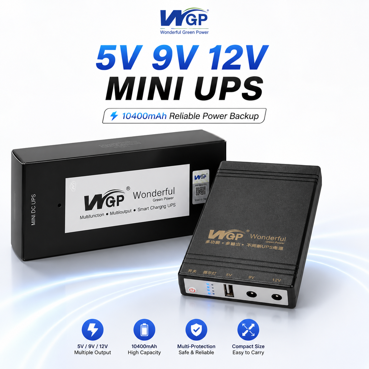 WGP Mini UPS 10400mAh for WiFi Router – 12V Input, Multi-Voltage Output (5V/9V/12V)