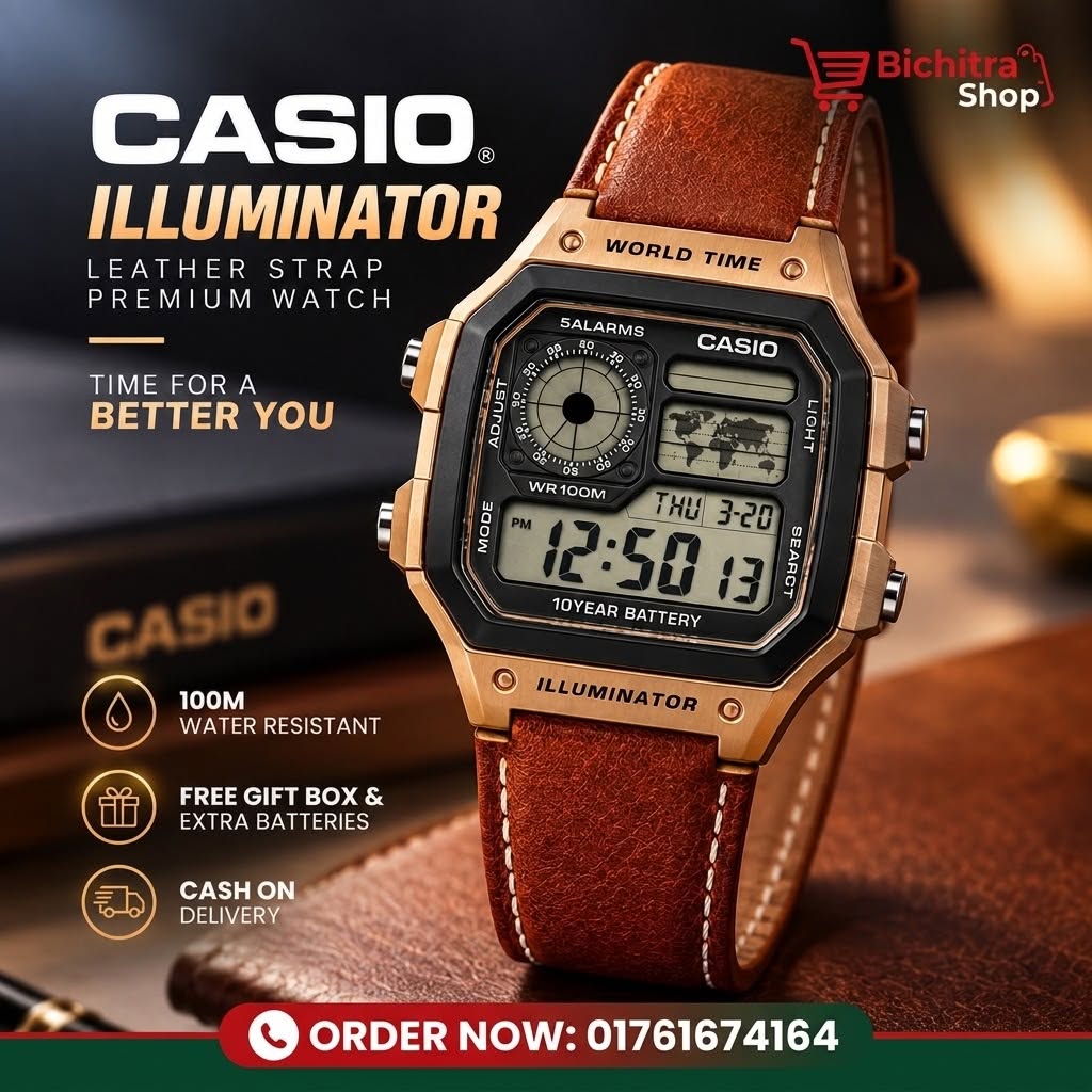 Casio Illuminator World Time Leather Strap Digital Watch (AE-1200 / Classic Series)
