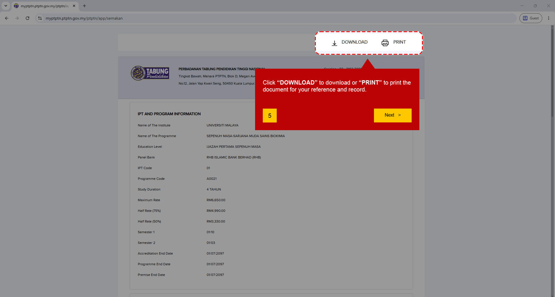 PTPTN Tutorial Step 5