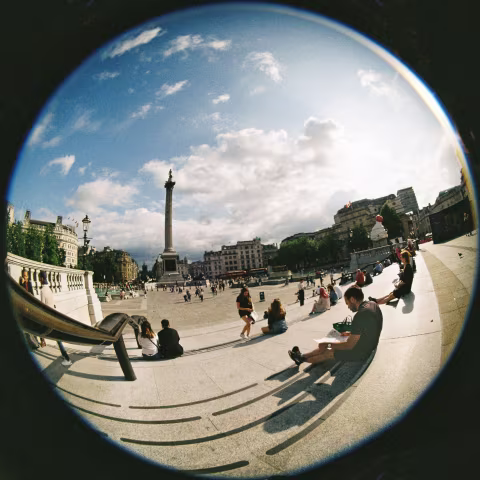 Trafalgar Square and Nelson’s Column. Evening sun.