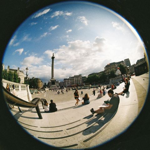 Trafalgar Square and Nelson’s Column. Evening sun.