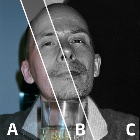 Figure 2. Digitally-simulated orthochromatic film effect (C) from colour image (A). A panchromatic film would look like the slice (B).