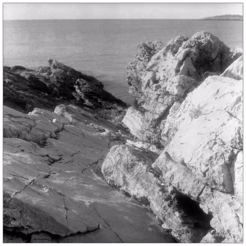 Rocks at Punta Planka are carved by winds, sea and salt. Yashica Mat 124G with Kosmo Foto Mono.