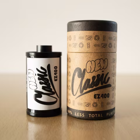 New Classic EZ-400 monochrome 35mm film next to its cardboard sleeve — the only piece of packaging you’ll need to safely store your canister. Image courtesy of New Classic.