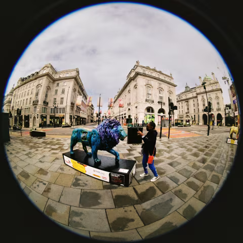 Piccadilly Circus, another one of the lion statues in the temporary exhibition The Lion Trail. After the rain.