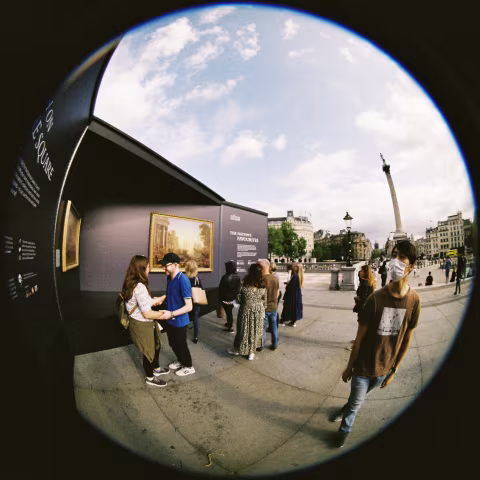 The National Gallery’s “greatest hits” — an  installation on the area in front of the National Gallery to entice visitors back, after the lockdowns. Early afternoon sun.