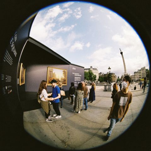 The National Gallery’s “greatest hits” — an  installation on the area in front of the National Gallery to entice visitors back, after the lockdowns. Early afternoon sun.