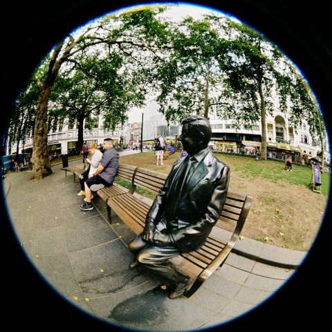 Mr. Bean statue, Leicester Square. Cloudy morning light.