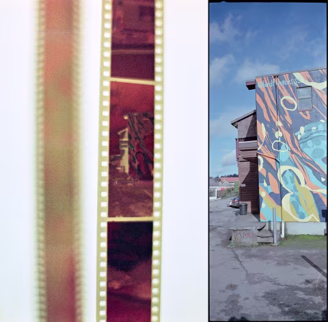 SantaColor 100/Kodak Aerocolor IV with Hasselblad XPan. The negatives (left) have no orange mask.