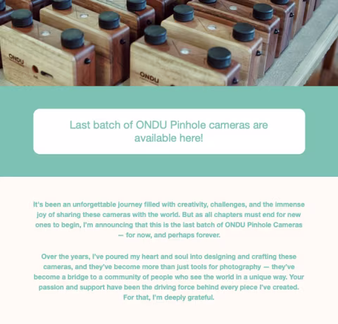 ONDU Pinhole stops making pinhole cameras to focus on large format and “other projects.”
For film photographers in the…