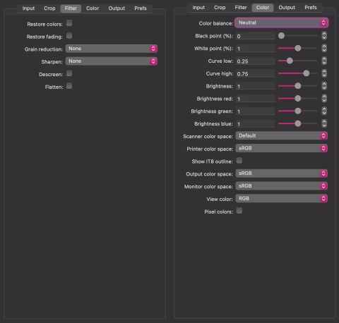 VueScan 9.7.56 options for creating digital negatives. Note that “Curve low” and “Curve high” aren’t set to “1” or “0” like the other options since the 0.25 and 0.75 values are the defaults that ensure a “flat” image without any contrast adjustments by the software. If you’re using another tool, I suggest you create notes or a backup of the previous settings, just in case.