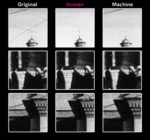 A comparison of the damaged scan against human/manual and machine restoration methods.