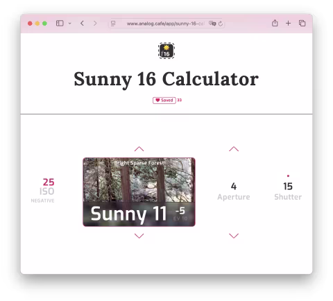 Exposure settings are visualized with the Sunny 16 calculator. ISO 25 approximates an overexposure of +1 stop with an ISO 50 film.