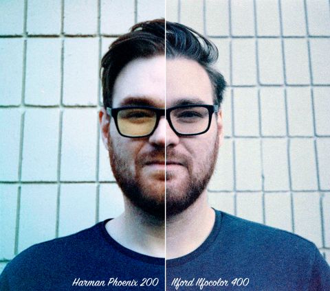 Portrait of Daren (cropped), shot with Olympus Mju I. The left half was exposed on Harman Phoenix 200; the right half was exposed on Ilford Ilfocolor 400. It appears that Phoenix 200 is sensitive to Daren’s eyeglasses’ anti-reflective coating, whereas Ilfocolor is not.